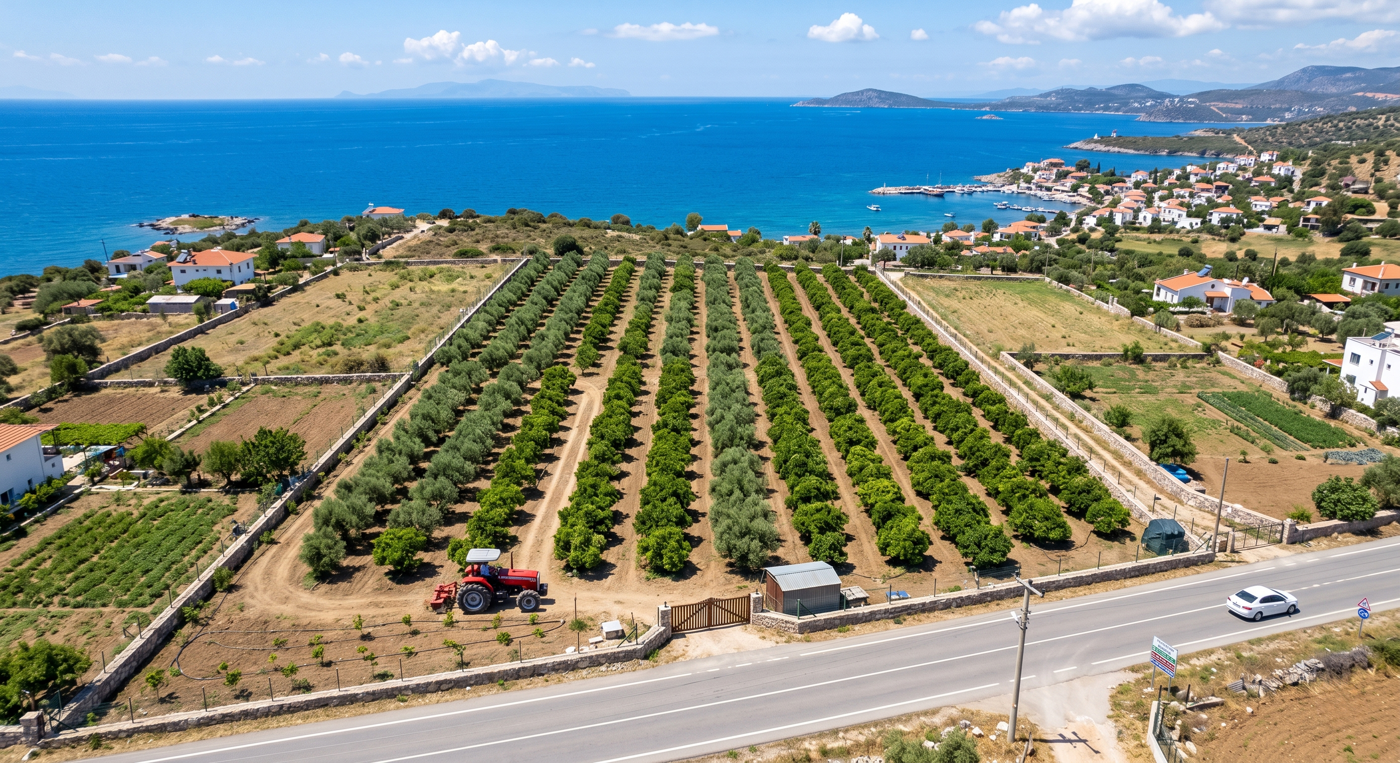 Çanakkale denize yakın arsa ve tarla yatırımı | Aevum Troia Çanakkale kıyısında denize yakın imarlı arsa ve tarla — zeytinlik sıraları, kıyı köyü ve Ege Denizi havadan görünüm