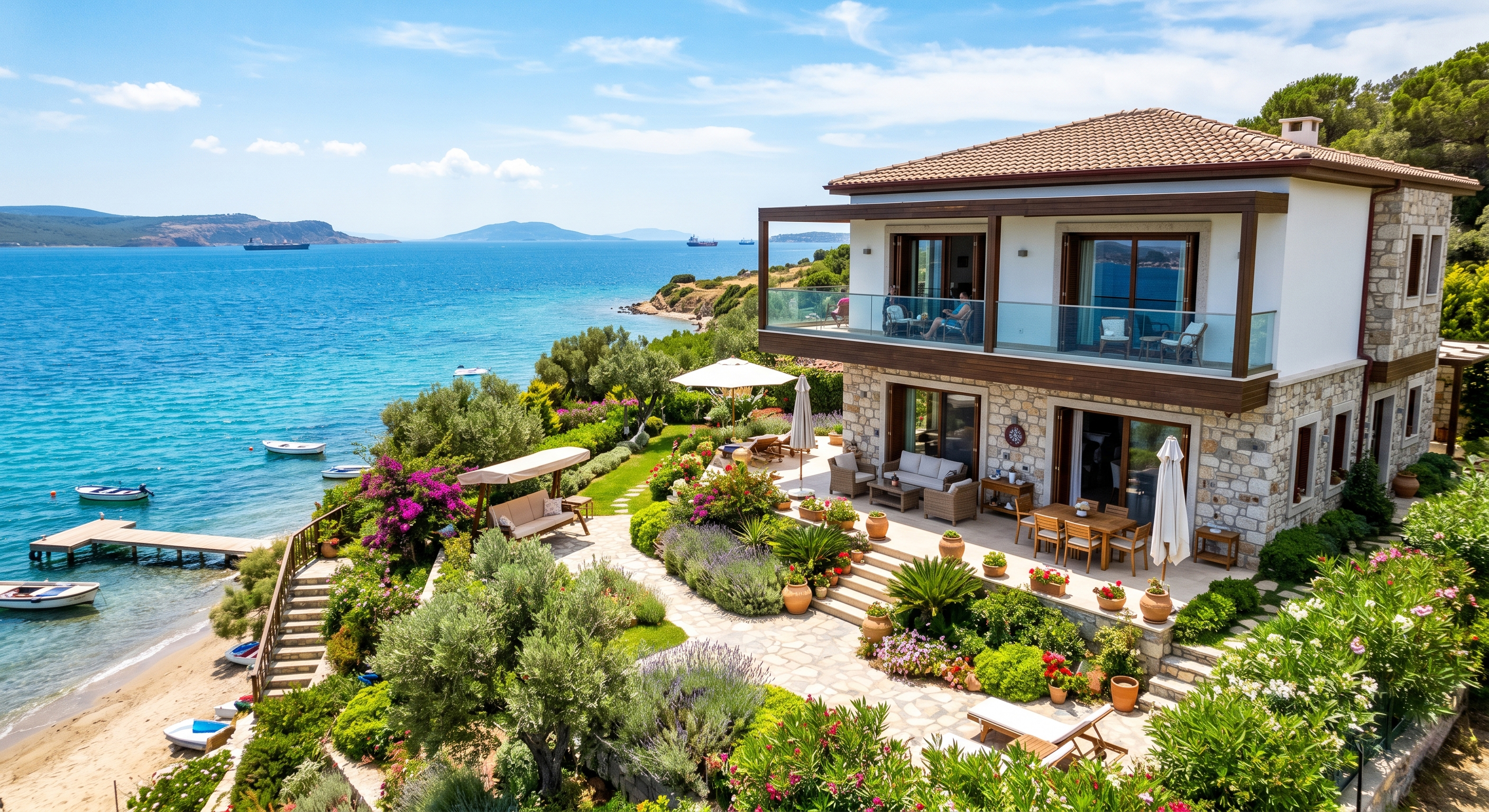 Çanakkale lüks sahil konutu ve villa | Aevum Troia Aevum Troia lüks sahil konutu — taş ve beyaz villa, sonsuzluk havuzu, teras ve Çanakkale Ege kıyısı manzarası