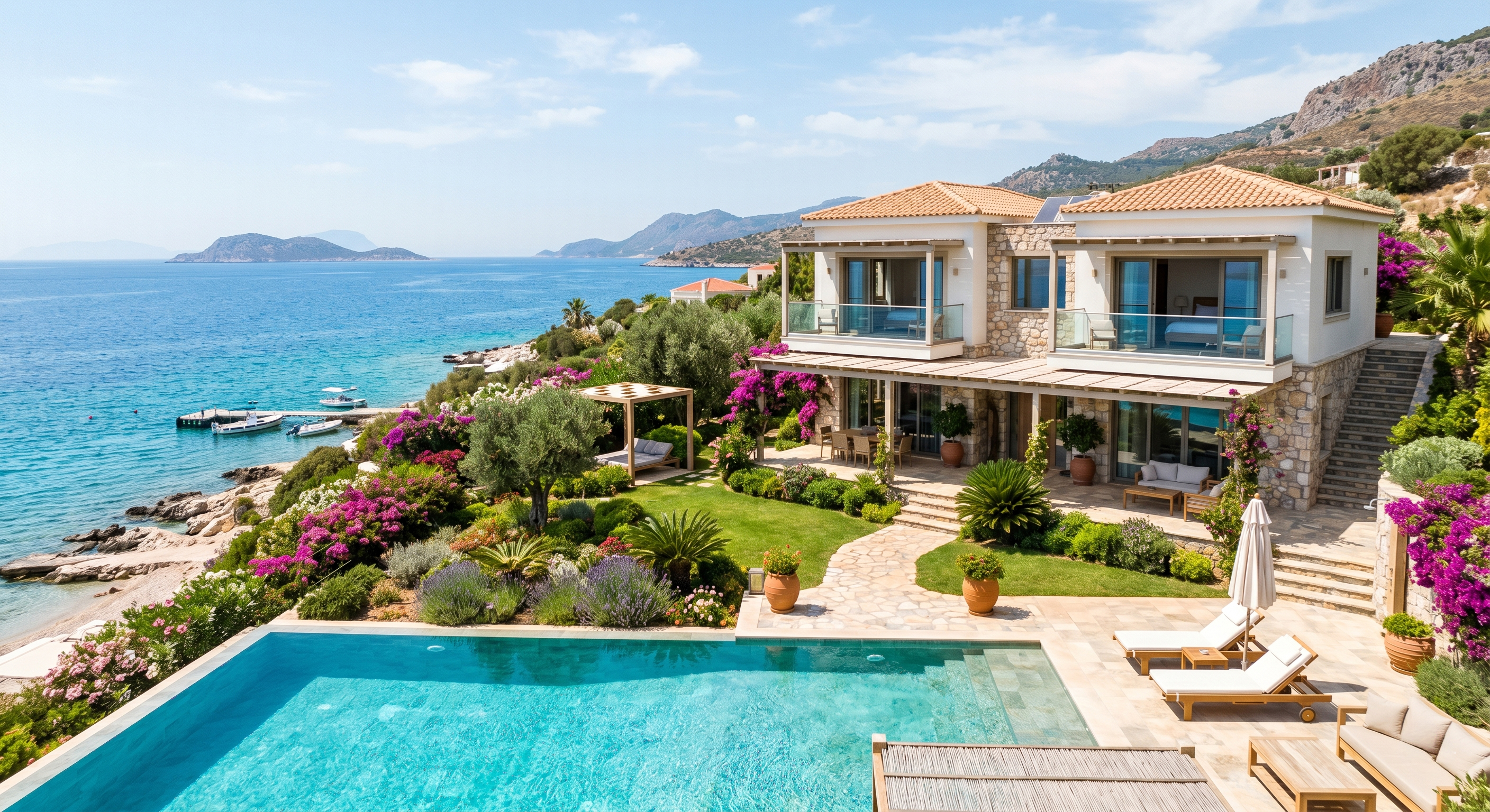 Çanakkale kıyı villa ve otel konsepti | Aevum Troia Aevum Troia kıyı villa konsepti — sonsuzluk havuzu, Akdeniz bahçesi ve Çanakkale açıklarında deniz manzarası